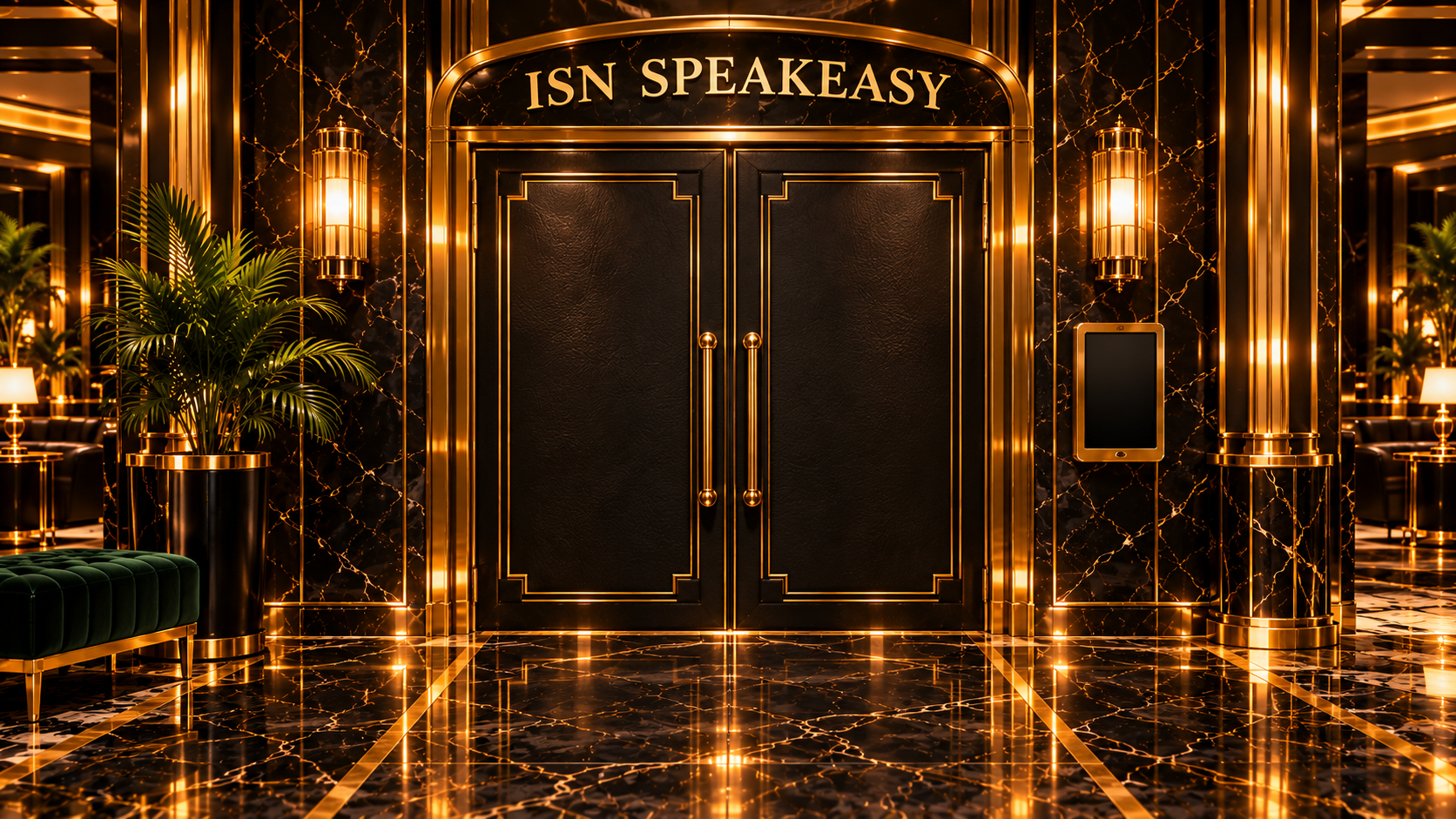 The closed black and gold doors of the ISN Speakeasy